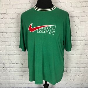 Vintage 80s Nike Green Embroidered Logo Spellout Grey Label T-Shirt | Size XL